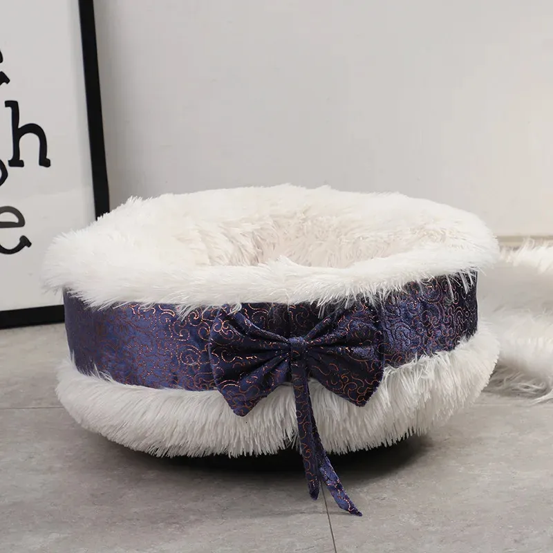 Cat Beds Furniture Cat litter winter warm round bow plush cute dog litter cat litter half closed dog bed pet supplies 231011