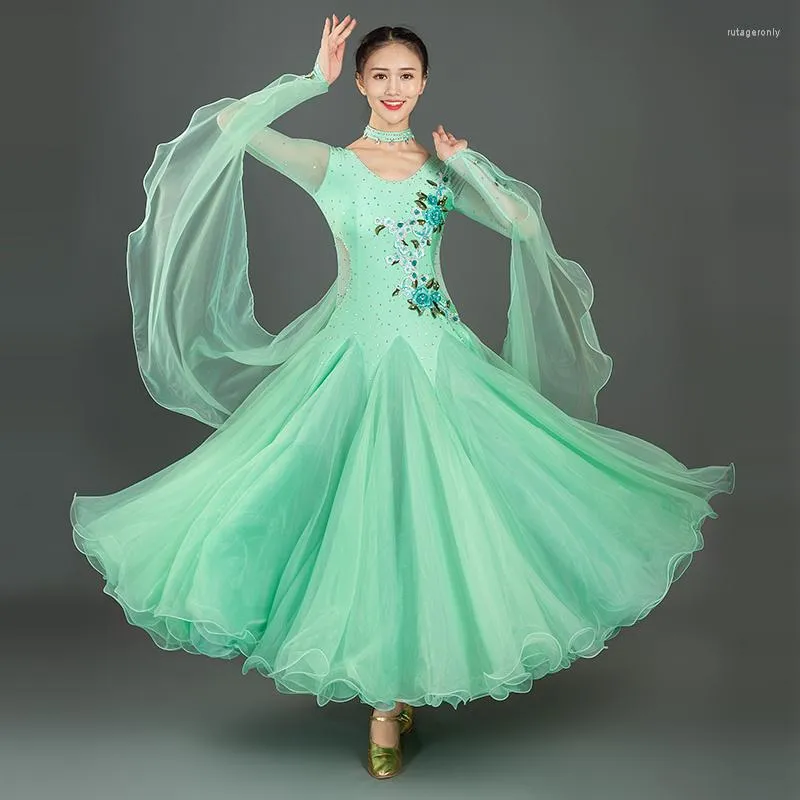 Stage Wear High Quality Sexy Women Adult International Standard Mint Green Red Blue Pink Competition Ballroom Dance Dress