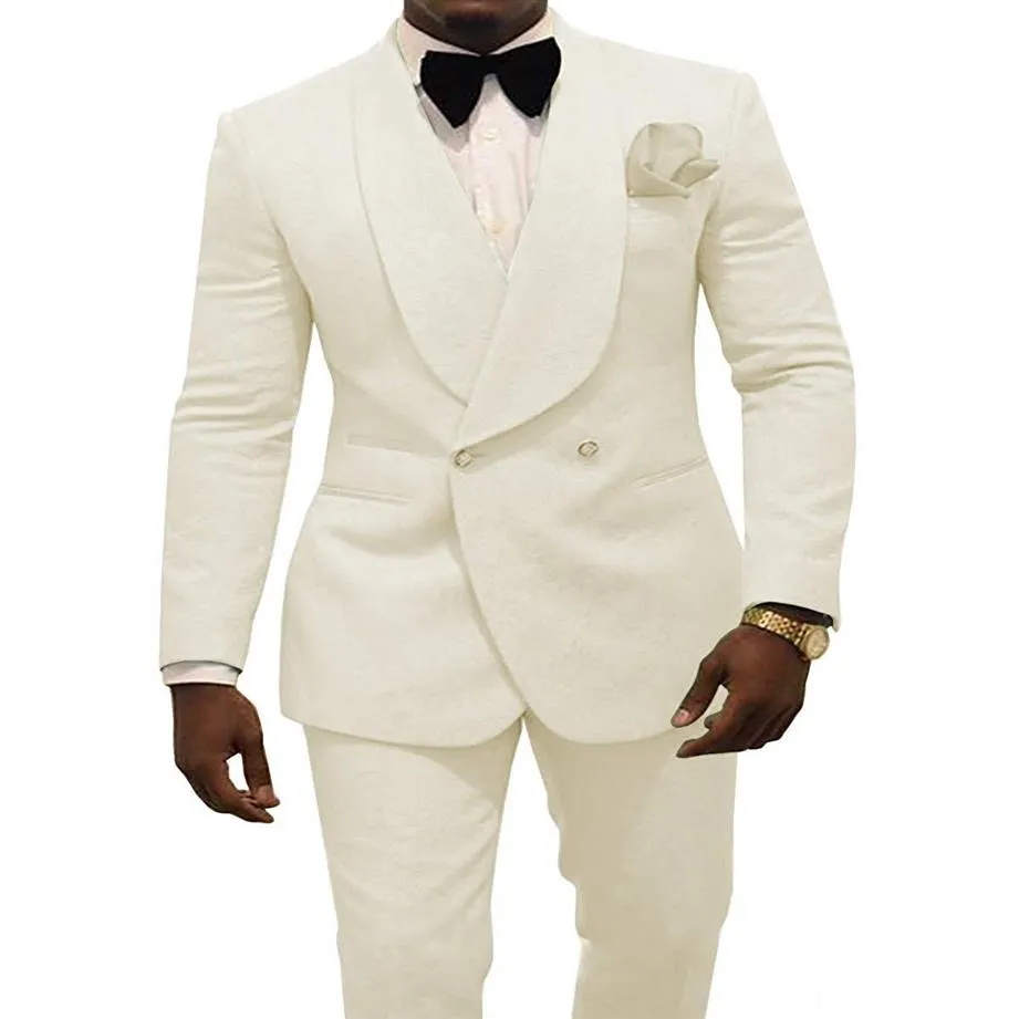Ivory Men Wedding Tuxedos Embossing Groom Tuxedos Fashion Men Blazer 2 Piece Suit Prom Dinner Jacket Custom MadeJacket Pants Tie222B