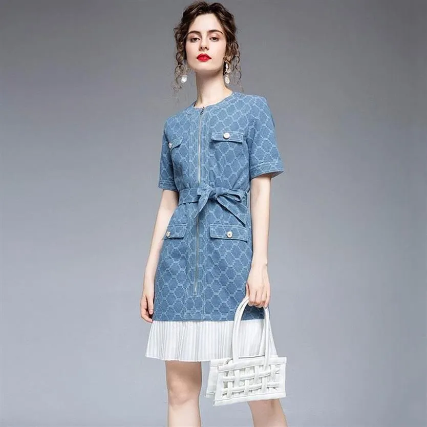 Casual Dresses Summer Short Denim Dress Bandage Midja fickor Kvinnor Sleeve Zipper Jean Elegant Party Pleated Swing Dress Casual234s