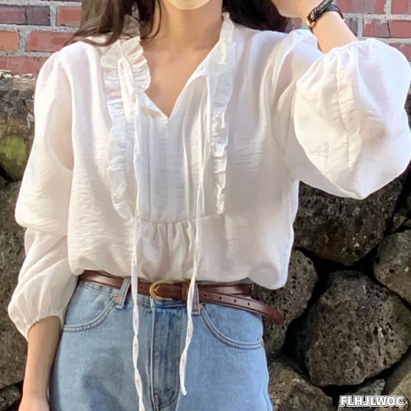 Women's Blouses S Women Cute Sweet Lace-Up Bow Tie Tops Korea Japanese Preppy Style Temperament Vintage Ruffles Basic Shirts Blouse 2500