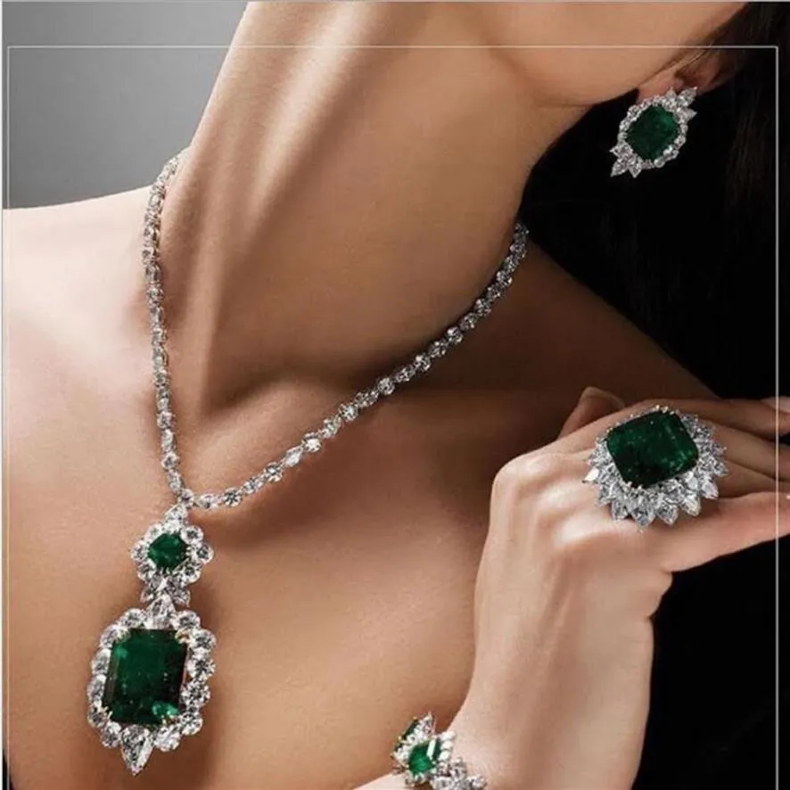 Choucong Brand New Unique Luxury Bridal Jewelry Set 18K White Gold Fill Emerald Gemstones Wedding Party Stud Earring Tennies Neckl2490