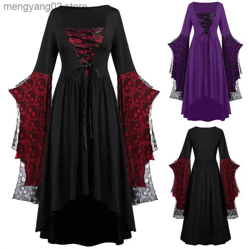 Tema Traje Vintage Halloween Cosplay Venha Bruxa Outono Inverno Fantasma Vestidos Up Party Crânio Lace Strap Vestido Roupas Vampiro Gótico 2023 T231011