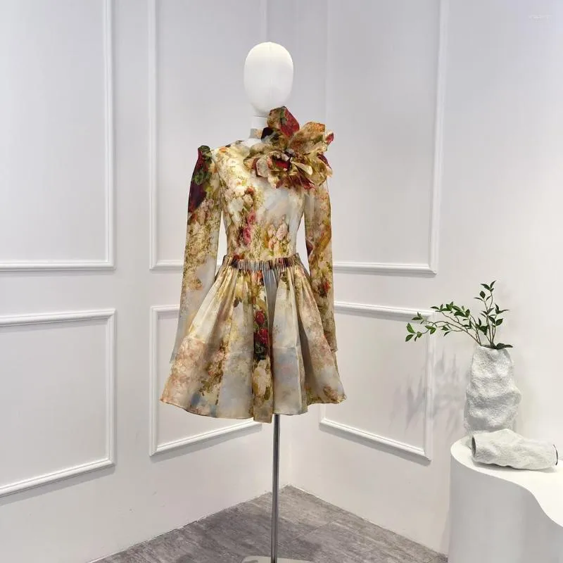 Abiti casual Est 2023 Mini abito da donna in vita con stampa floreale vintage di alta qualità con decorazione floreale tridimensionale per le vacanze