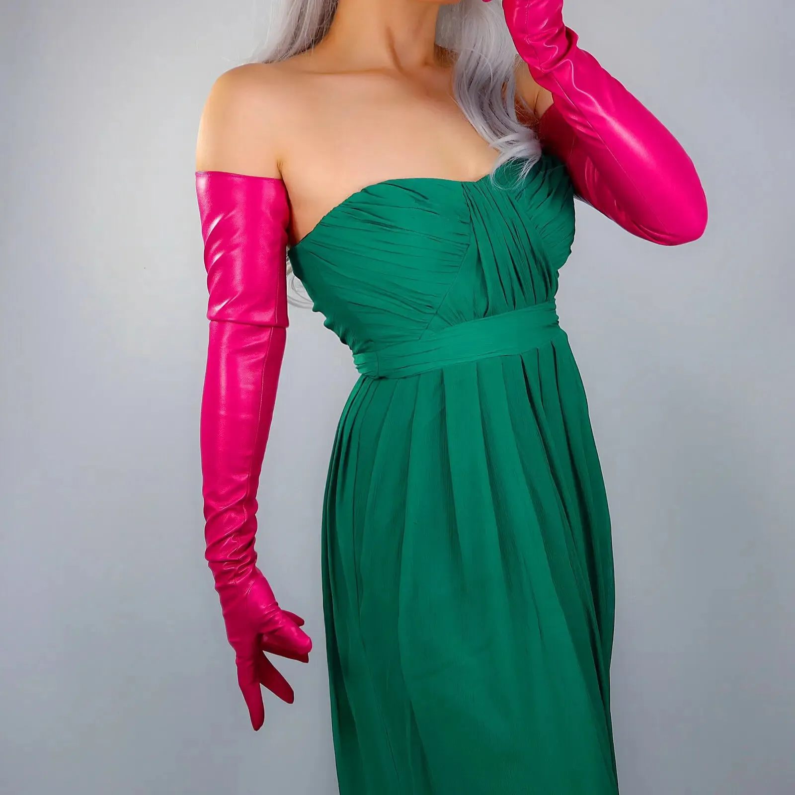 Five Fingers Gloves LONG FASHION GLOVES Faux Leather Vegan 28" 70cm Rose Pink Fuchsia Magenta 231010