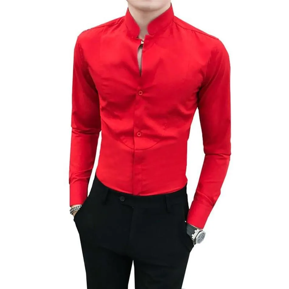 Camicie casual da uomo rosse a maniche lunghe semplici camicie con scollo a V sociali da uomo slim fit colletto alla coreana night club smoking signori da uomo227f