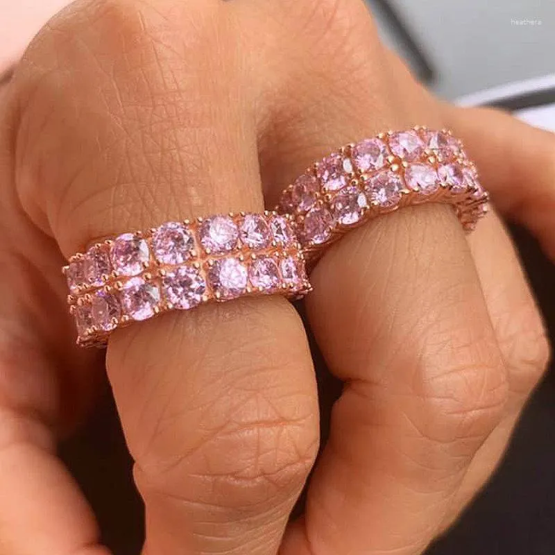 Anéis de casamento rosa cz solitaire anel rosa cor de ouro gelado charme redondo banda clássico hip hop jóias para mulheres