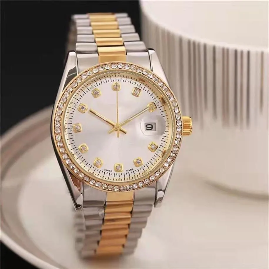 Relojes de marca para mujer, para mujer, estilo cristalino, esfera de metal, banda de acero, reloj de pulsera de lujo de cuarzo X195364p