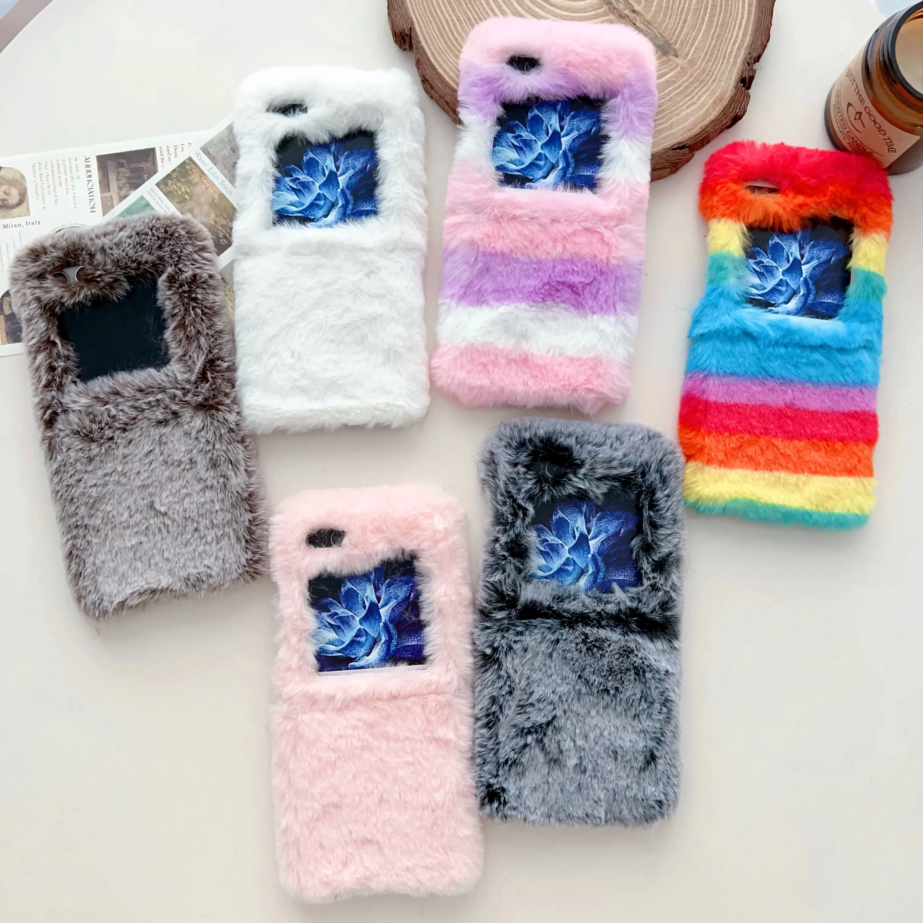 Färgglad plush päls fluffig mjuk fodral för Samsung Galaxy Z Flip 5 4 Flip3 Winter Warm Furry Phone Cover Funda