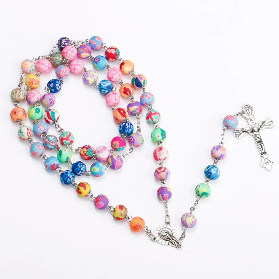New Religion Cross Pendant Rosary Necklaces For Women Colorful Soft Pottery Beads long Chain Virgin Mary Jewelry