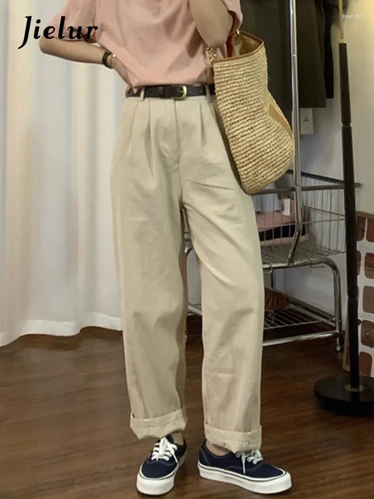 Kvinnors byxor hög midja fast färg kvinnlig lastljus khaki lös rak casual mode enkla kontor damer