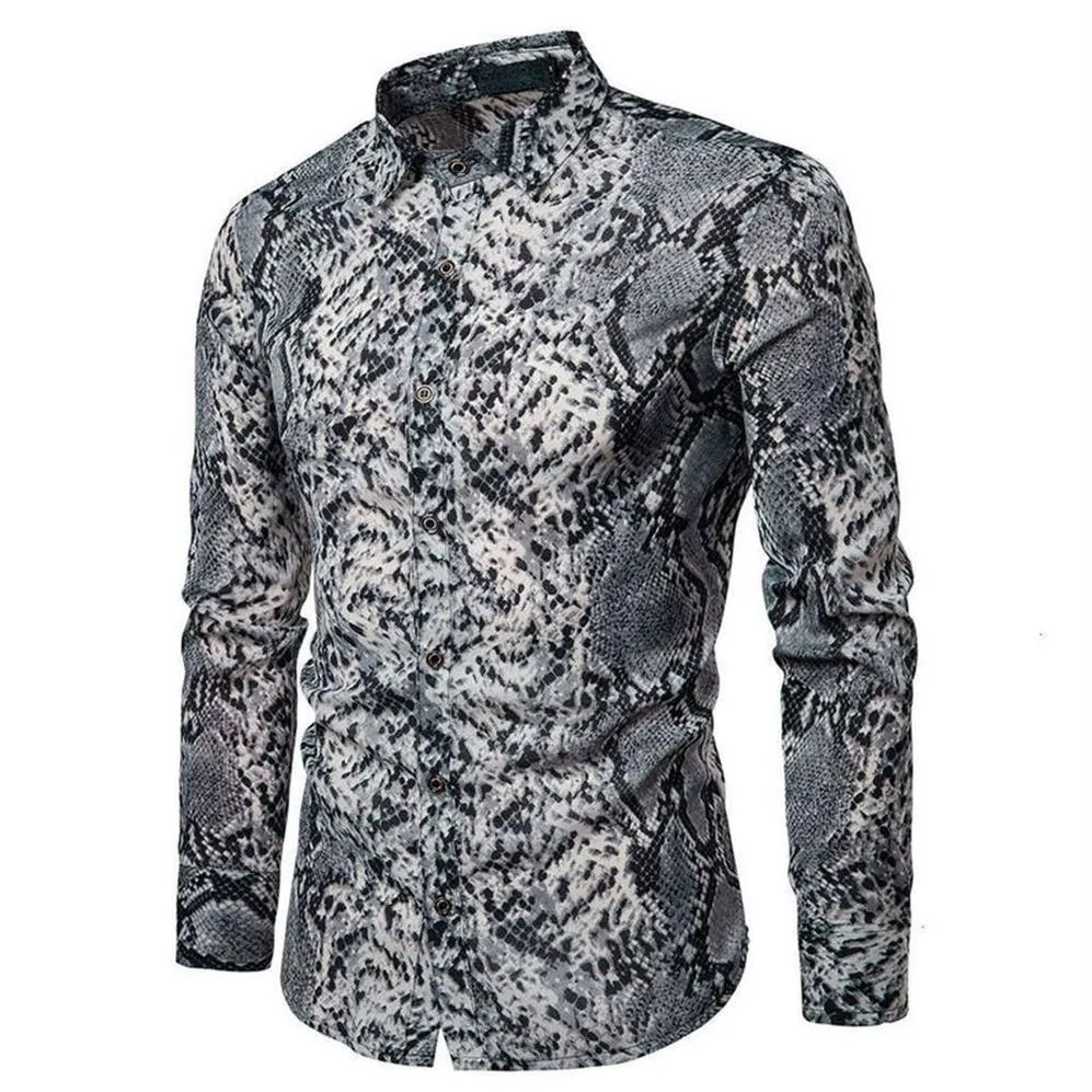 Men's Casual Snakeskin Print Shirt Large Sizes Long Sleeves Buttons Slim Shirts Male Summer Fashionable Tops Wear New Sal2869