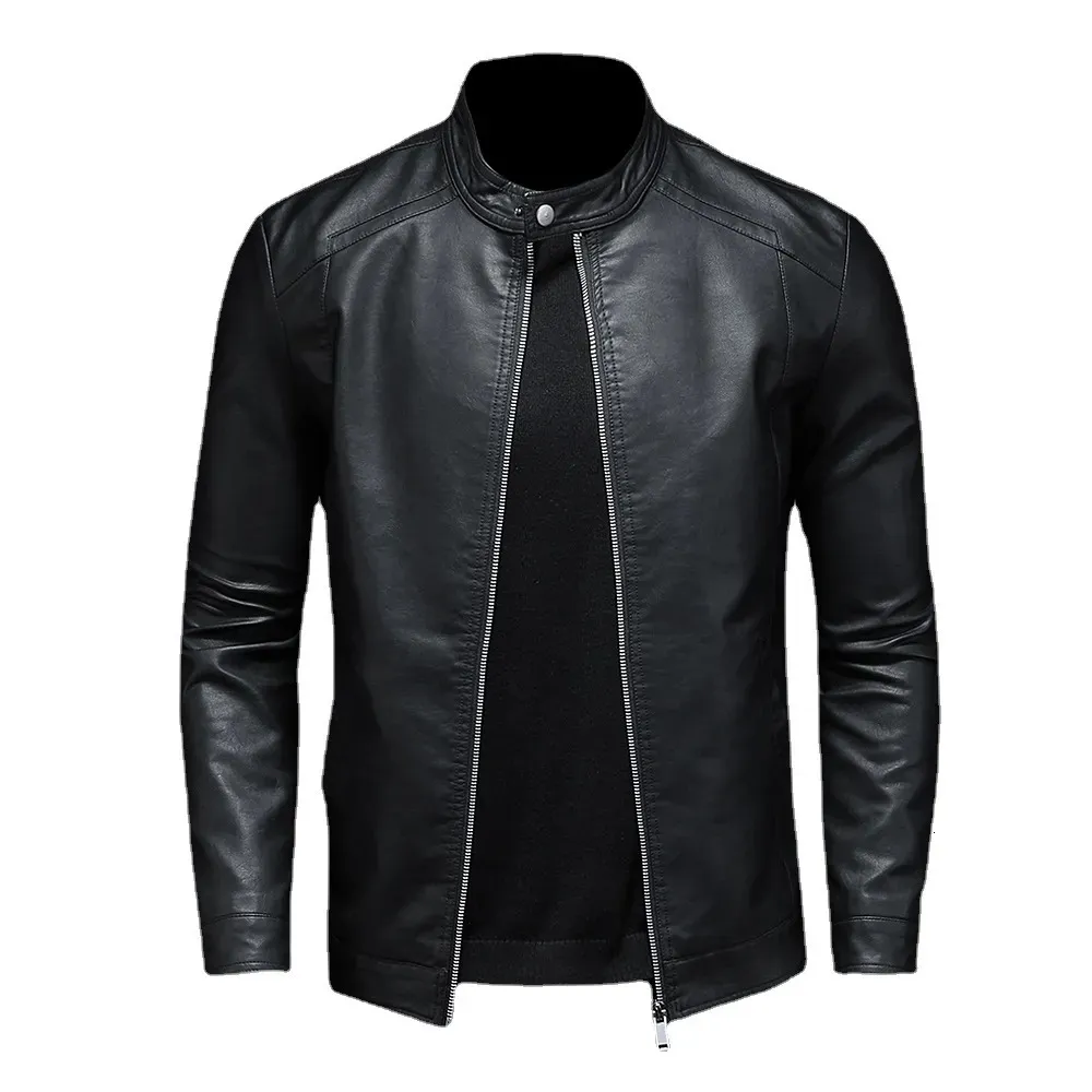 Men's Leather Faux Leather Men Leather Jacket Classic Slim Fit Motorcycle PU Leather Jacket Solid Color Standing Collar Men Large Black Leather Jacket 231010