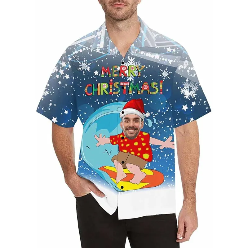 Camisa havaiana masculina com rosto personalizado, camisa personalizada com botões, presente de natal para ele, camisa de natal