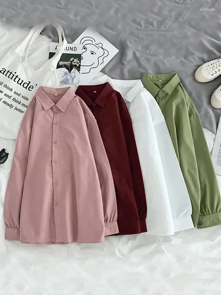 Jaquetas femininas Coreano Solto Mulheres Camisas Queda Manga Longa Botão Up Cor Sólida Moda Escritório Senhoras Branco Fino