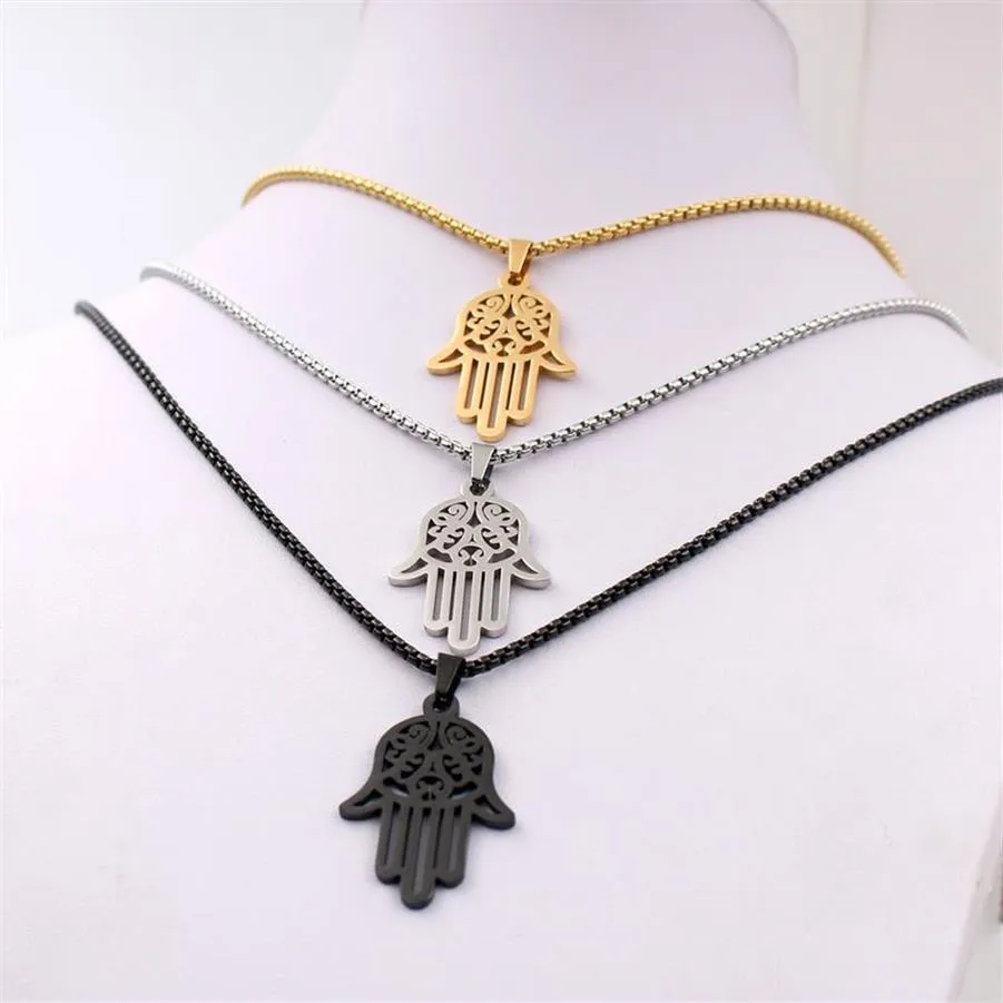 Silver gold black choose Men's ICP 316L Stainless Steel Black Hand of Fatima Hamsa Pendant with Matching 3mm 24inches Box Rol337W