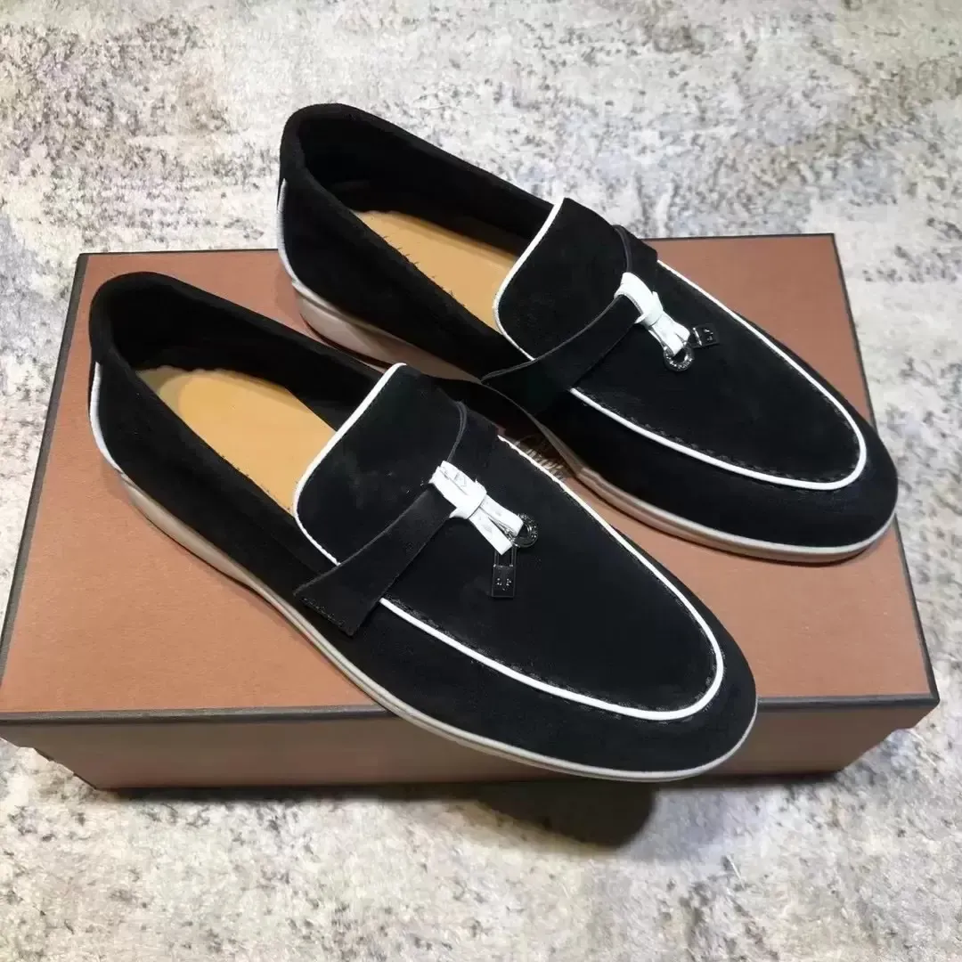 شهيرة من جلد الغزال الشهير رجال Loropiana Walk Shoes Shoide Sneakers Nubuck Lock Designer Flats Slip-On Dress Shoe حجم كبير 45 46