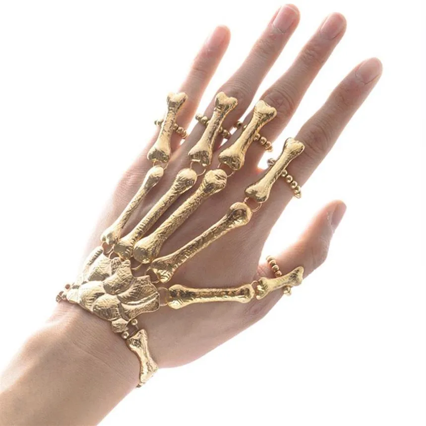 Nachtclub Gothic Punk Schedel Vinger Armbanden voor Vrouwen Skeleton Bone Hand Armbanden Armbanden 2019 Kerst Halloween Gift236r