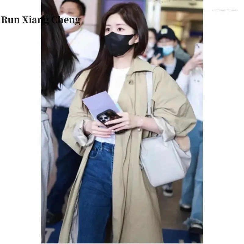 女性のトレンチコート走るXiang Cheng Autumn Fashion Cotton Cotton Large Silhouette Medium Long One Button Windbreaker Women Cocoon Coat
