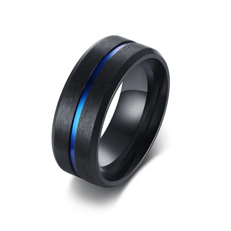 Bague en titane et acier pour hommes, taille 7-12, couleur noire, Alliance rainurée bleue de 8mm, bijoux décontractés pour mariage, Bands252R