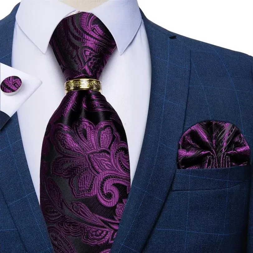 Bow Ties Luxury Purple Silk för män Fashion Wedding Neck Tie Gifts Tillbehör Manschettknappar Handduk Ring Set271L