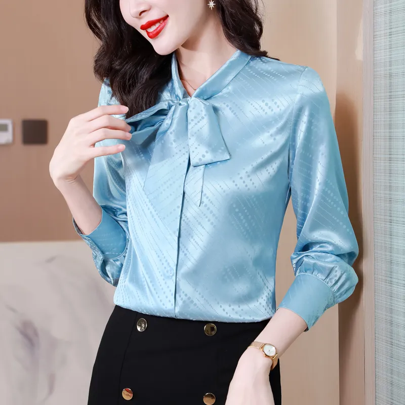 Luxury Designer Ribbon Bow Red Blouses Silk Satin Women Vintage Jacquard Runway Shirt Long Sleeve Autumn Winter Button Up Shirt 2023 Office Lady Solid Color Tops