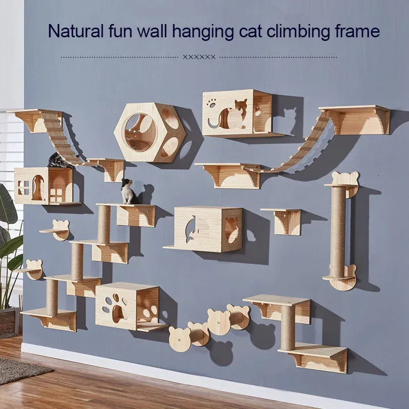 Cat Furniture Scratchers Wall Mounted Cat Climbing Frame DIY Pine Solid Wood Cat Hanging Bed Jumping Platform Cat Scratching Climbing Post Pet Furniture 231011