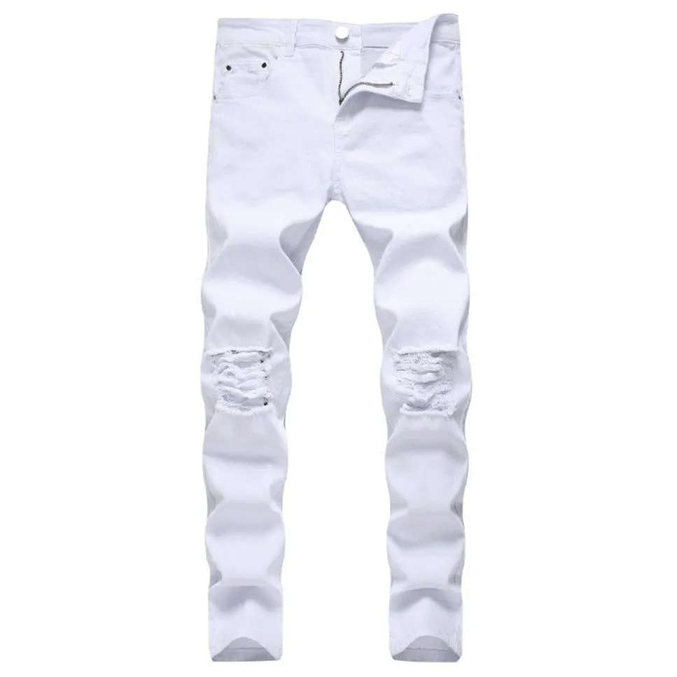 Solid White Ripped Jeans Men 2020 Classic Retro Mens Skinny Jeans Brand Elastic Denim Pants Trousers Casual Slim Fit Pencil Pant247o