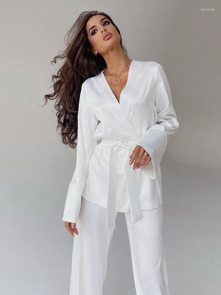 Vêtements de nuit pour femmes Hiloc élégant pantalon blanc costumes évasés manches longues femmes pyjama costume de maison lâche kimono robe ensembles satin pyjamas avec