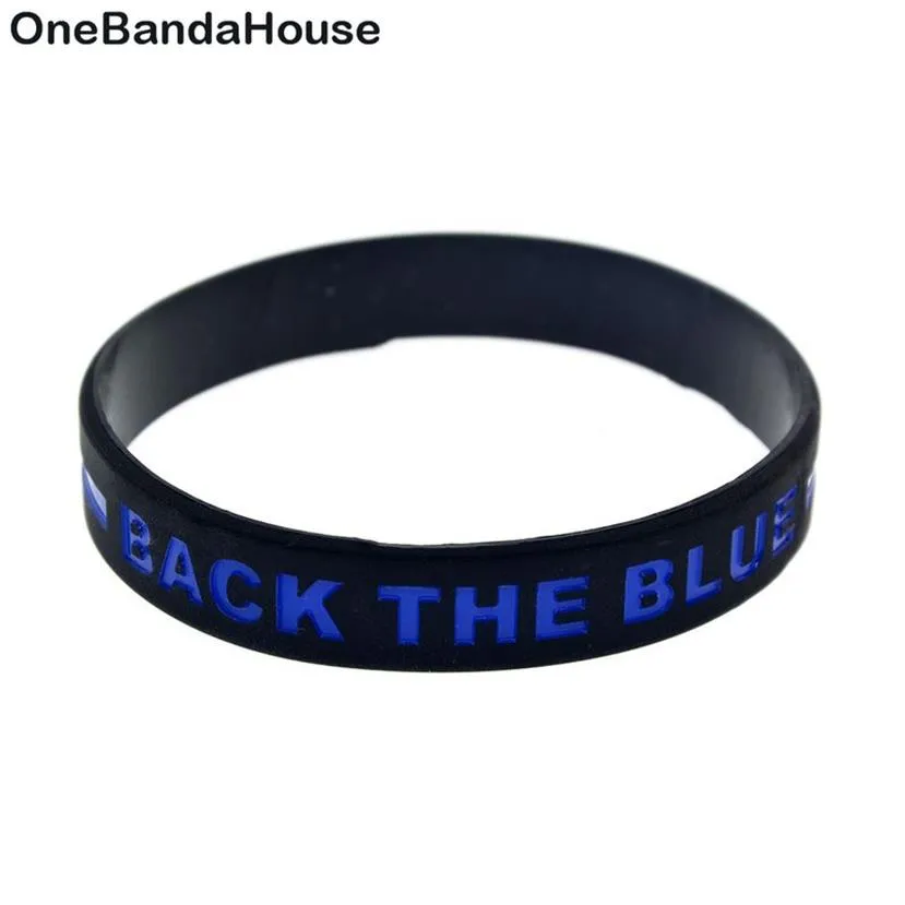 100 Stück Back The Blue Line Silikonkautschuk-Armband, dicke oder dünne Buchstaben, Logo, Erwachsenengröße, als Werbegeschenk240O