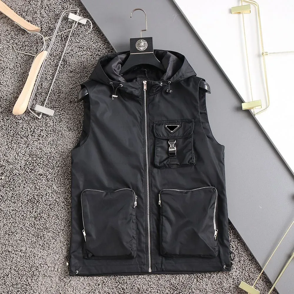 Black Hooded Utility Vest with Large Pockets Casual Sleeveless Jacket for Men