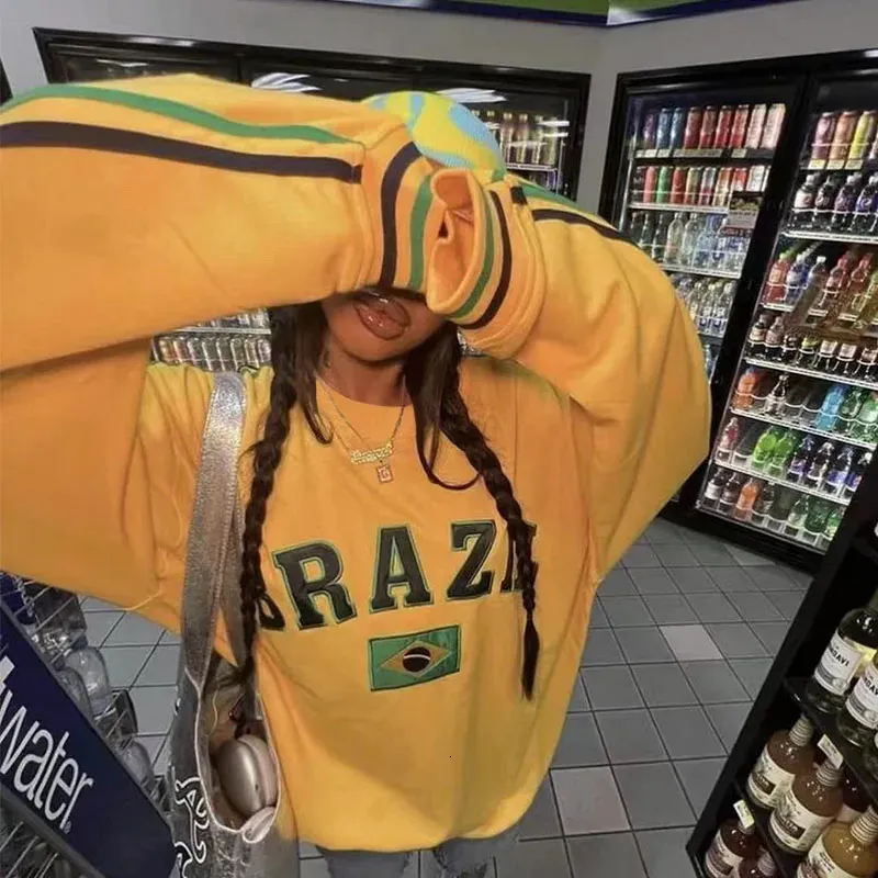 Jaquetas femininas Novas Mulheres Outono Brasil Bandeira Amarelo Oversized Hoodies 2000s Estética Manga Longa Pulôver Top Vintage Y2K Moletom Streetwear 231011