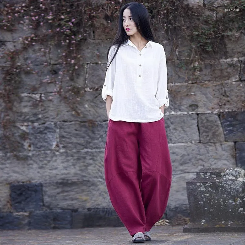 Women's Pants Arrival Brand Linen Women Fashion Causal Trousers Solid Wine-red Girls Elastic Girl Pantaloni