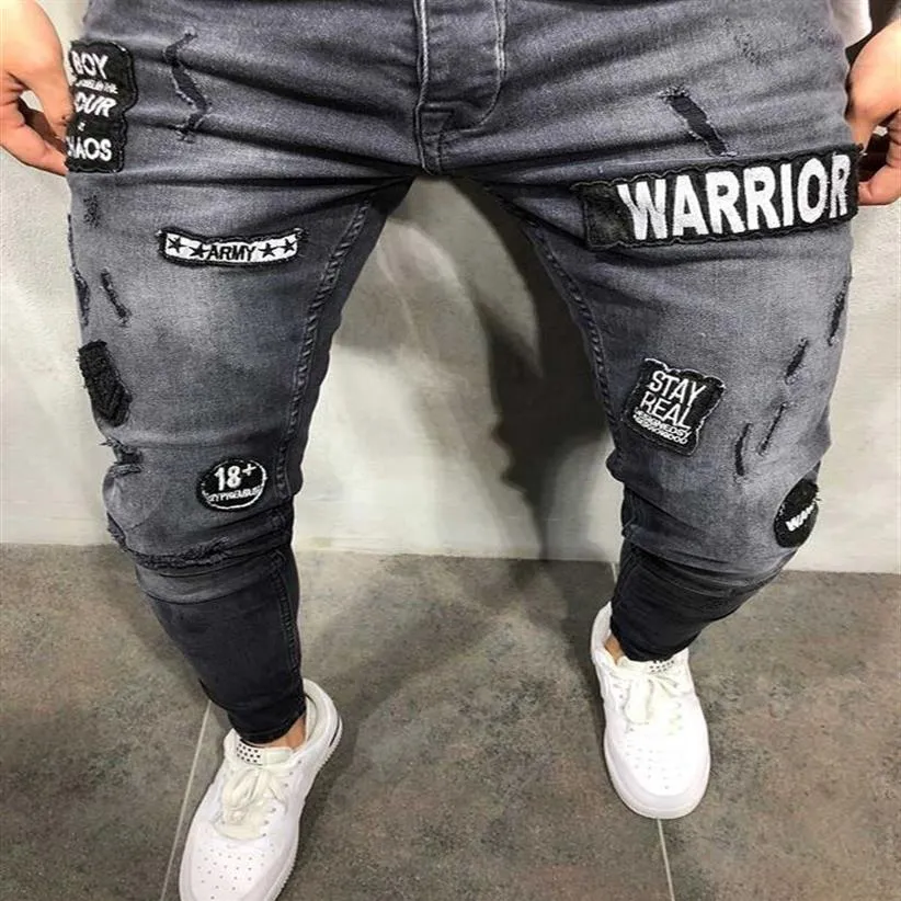 Jeans casual da uomo Pelle Slim Pantaloni denim alla moda Pantaloni hiphop con fori per il ginocchio Lavati di alta qualità221f