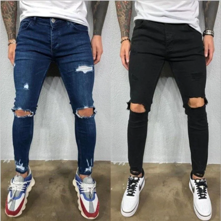 Новый стиль, рваные брюки, облегающие эластичные мужские джинсы, модные повседневные джинсы в стиле хип-хоп F1209283F