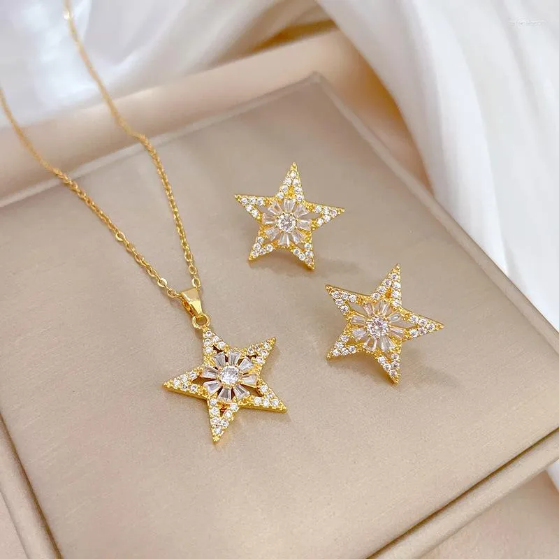 Necklace Earrings Set Top Quality Exquisite Crystal Star Women Wedding Earring Jewelry Gold Plated Pentagram Zircon Jewellery For Bride