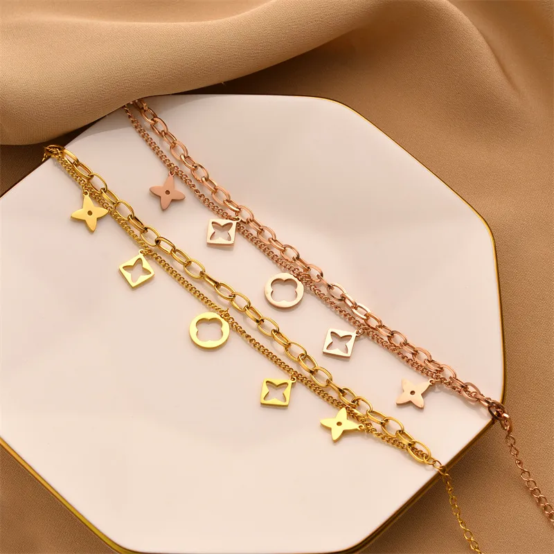 Bracelet à breloques trèfle Double couche, mignon, bijoux en acier inoxydable, cadeau pour femmes