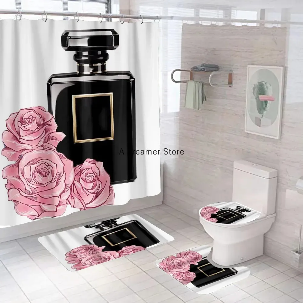 Rideaux de douche 4 pièces bouteille de parfum de luxe fleur imprimé rideau de douche décor salle de bain couverture étanche écran tapis couvercle de toilette 231007