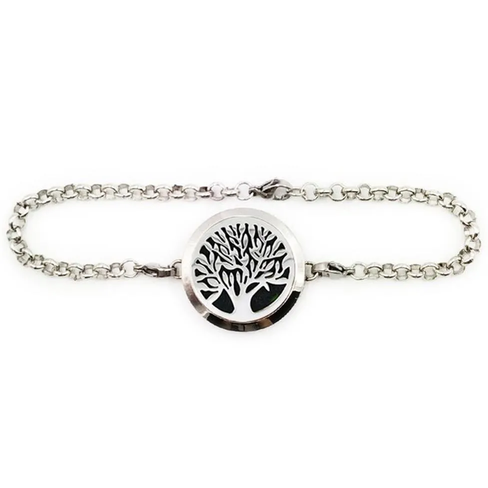 316L Rostfritt stål Tree of Life Aromatherapy Armband Essential Oil Diffuser Locket med 6 filt PADS271F