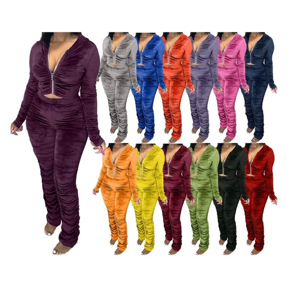 Fall New Streetwear Velvet Ruched Bodycon Hoodies Jumpsuit Kvinnor Aktiv staplad blixtlås Huven Romper One Piece Overall291d