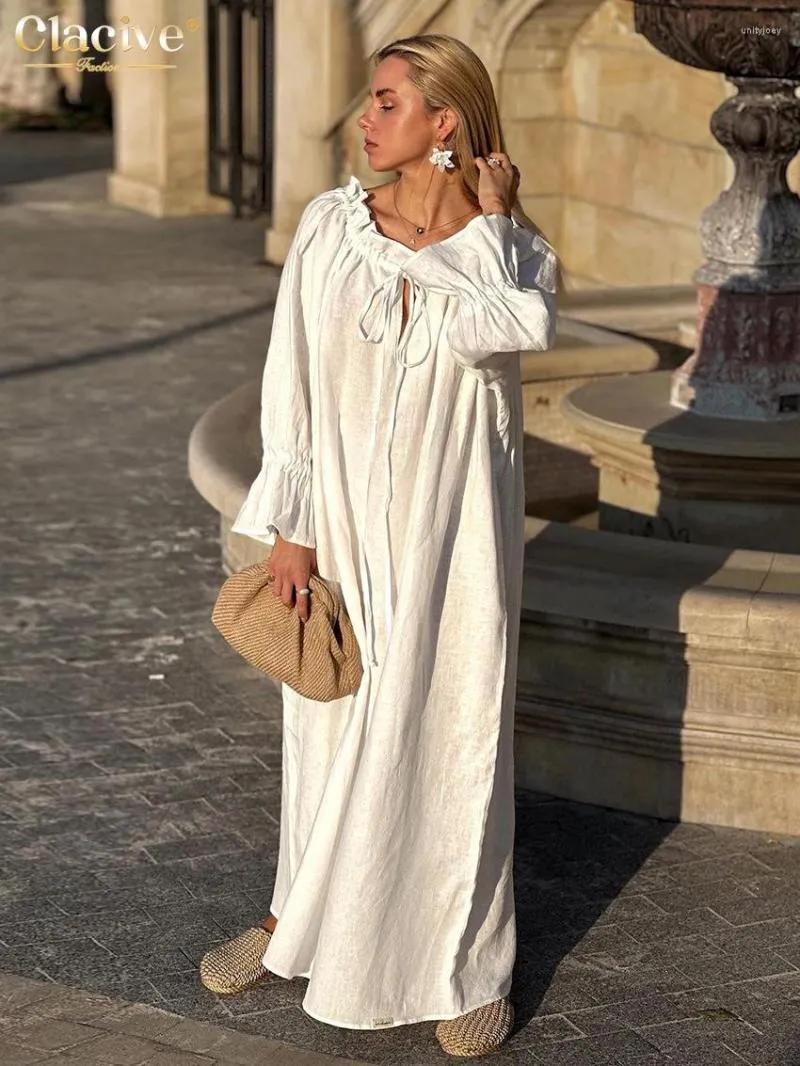 Casual Dresses ClaceLive Loose White Cotton Women's Dress 2023 Elegant Slash Neck Long Sleeve Maxi Fashion Lace-Up Female