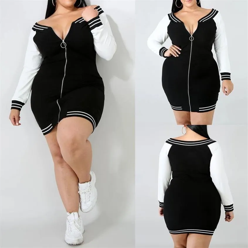 L-5XL manga longa decote em v profundo zip up cor combinando bodycon mini vestido sexy boate vestidos de festa 254k