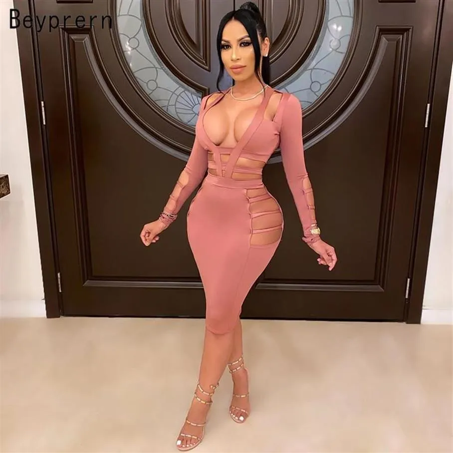 Casual Dresses Beyprern Chic Autumn Womens Long Sleeve Cut Out Caged Dress Sexy Deep V Neck Bodycon Party Club Midi Chirstmas Outf2679