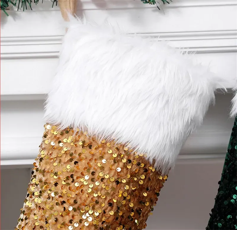 Glitter Christmas Stocking Gold Sequin Blingbling White Velvet Cuff Christmas Stocking Xmas Tree Decor Festival Party Ornament