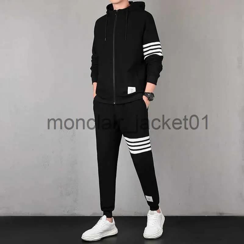 Erkek Trailtsits Erkekler Set Trailsuit Hoodie+Pantolon Fermuar Stripe Moda Günlük Açık Spor Jogging Fitness Spor Giyim Erkek Sweatshirt Takım M-6XL J231011