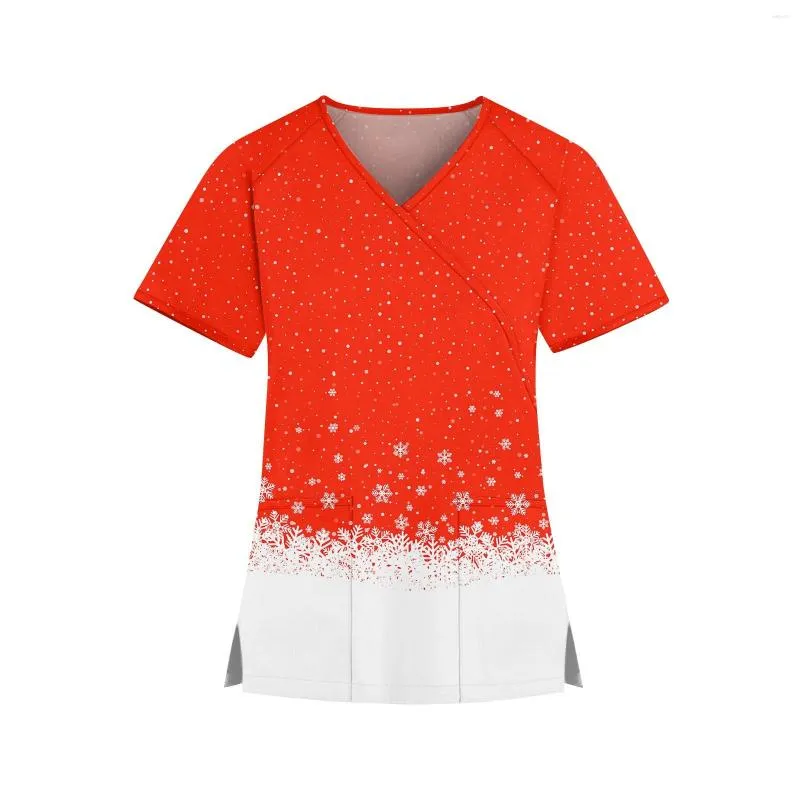 Mulheres Camisetas 2023 Mulheres Natal Imprimir Manga Curta V-Pescoço Cuidador Top Uniformes Mulher Tops Salão de Beleza Uniforme de Trabalho Dos Desenhos Animados