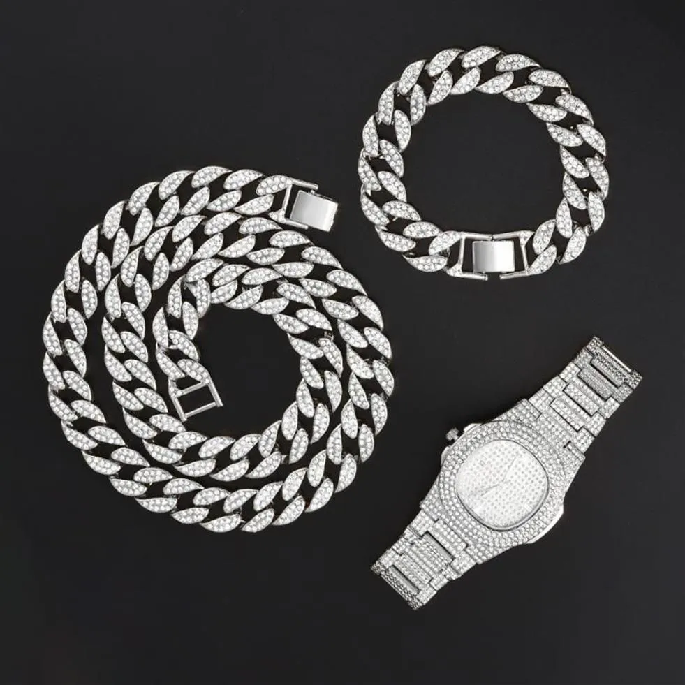 Hanger kettingen 15mm ketting horloge armband hiphop Miami Curb Cubaanse ketting goud Iced Out verharde strass CZ bling rapper For248s