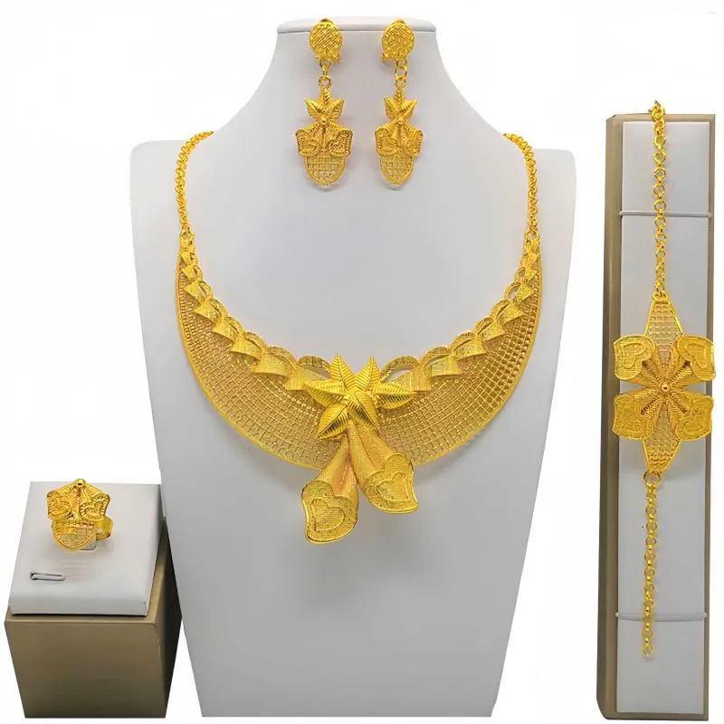 Ketting Oorbellen Set Dubai 24K Vergulde Bruidsarmband Oorbel Ring Vierdelige Afrikaanse Damessieraden Bu10251