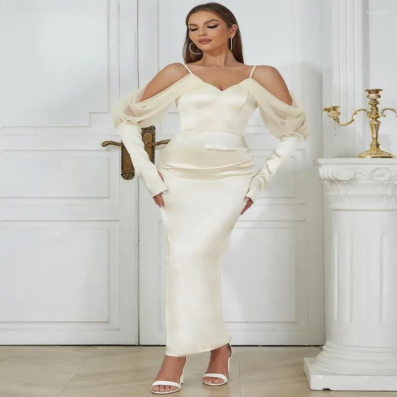 Pure Beige Satin Off-Shoulder dress - Elegant and Gentle Evening Wear for Women
