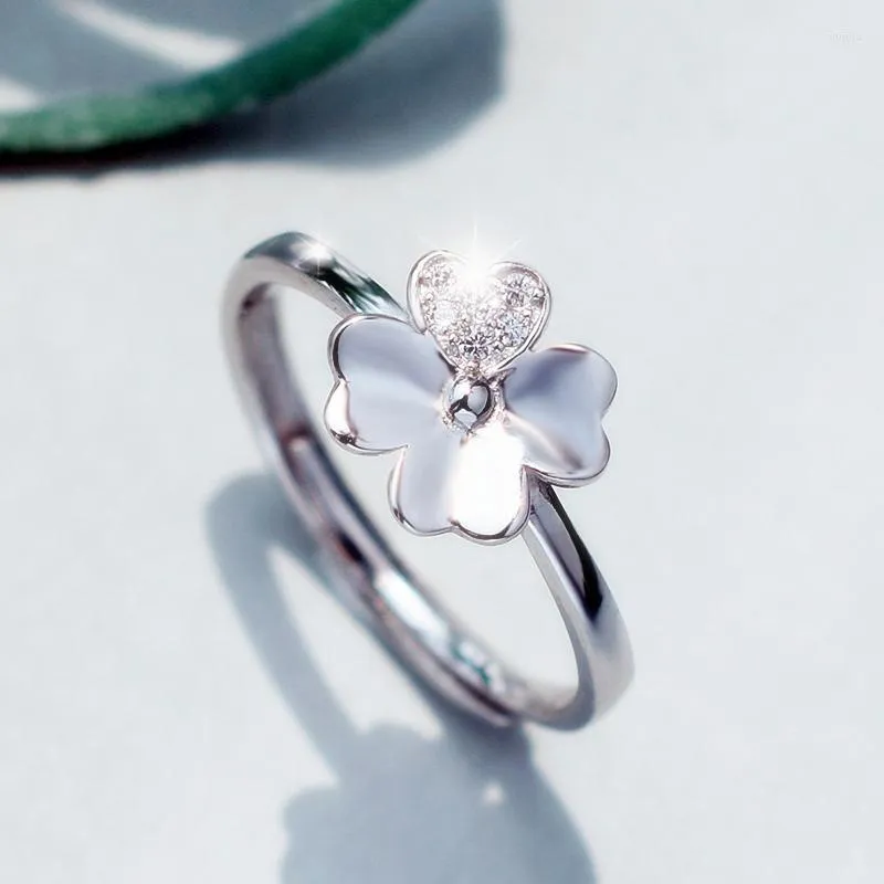 Cluster Rings Fashion Silver Color Lucky Clover Open Finger Ring Clear Stone Leaf For Women Girl Jewelry Gift Dropship Wholesale